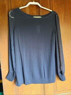 LOFT Navy blue Sheer Dot Sleeve Knit Top